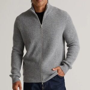 Quince Men’s Mongolian Cashmere Fisherman Full Zip Sweater, Heather Grey, XL